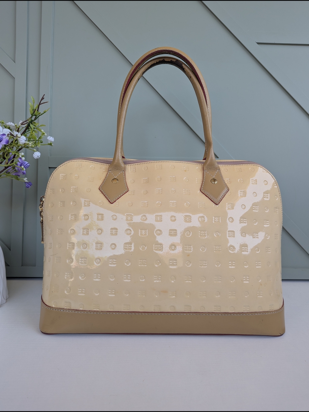 Arcadia ltalian patent leather dome satchel handbag